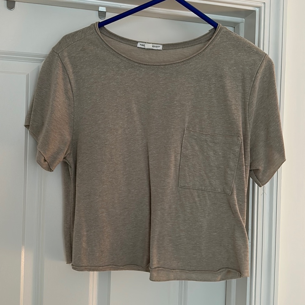 Threads for thought, tan t shirt, slightly cropped. Size medium